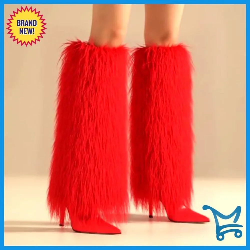 Knee High Faux Fur Boots Wide Calf Stiletto Heel Pointed Toe Winter
